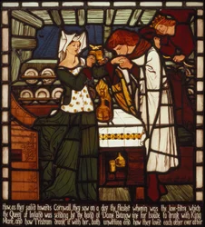 Rakkausjuoma, joka on tarkoitettu Isolde Fairille ja Cornwallin kuningas Markille, mutta jonka juovat Tristan ja Isolde The Fair, elokuvasta The Story of Tristan and Isolde, William Morris und Co. (lasimaalaukset)